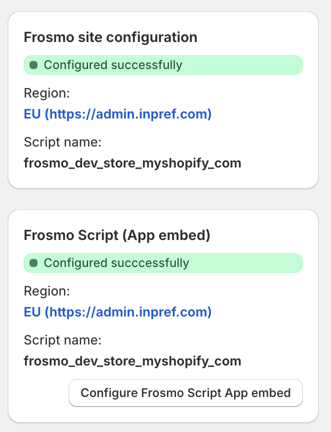 Frosmo site configuration and Frosmo Script (App embed) configured successfully.